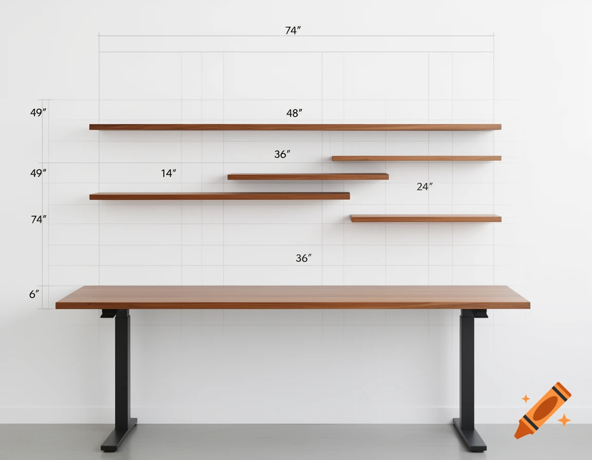 A technical diagram shows a standing desk and three floating shelves with dimensions in inches against a white wall with a 6-inch grid.