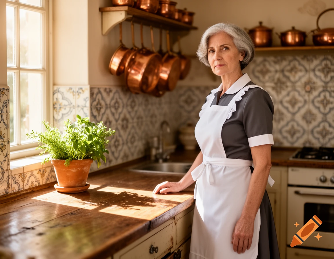 A mature woman in a grey dress and white apron stands in a sunlit kitchen with copper pots.