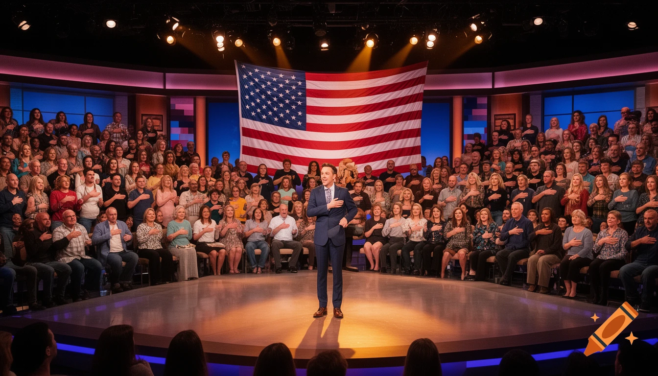 A man on stage with an American flag behind him, surrounded by a large audience, all with hands over their hearts in a TV studio.