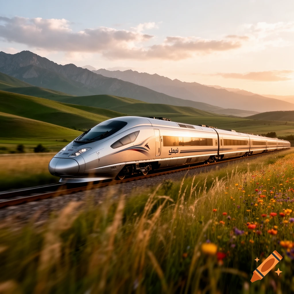 A sleek silver high-speed train speeds through a lush green valley with rolling mountains under a sunset sky. Wildflowers bloom in the foreground.