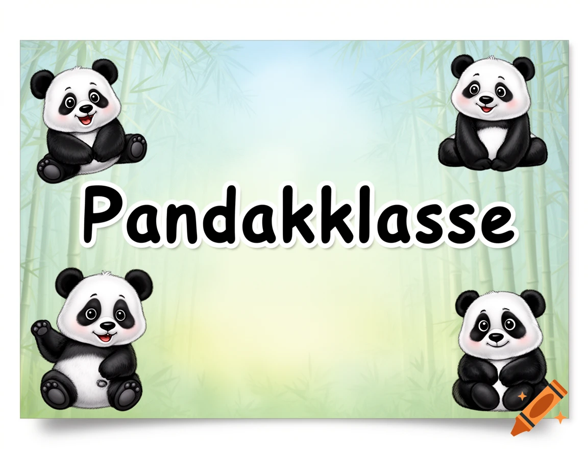 Cartoon illustration of four cute panda cubs around the text 'Pandakklasse' on a light green and blue bamboo background.
