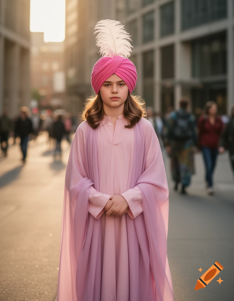 A young girl in a pink turban with a white feather and flowing pink robes stands on a city street at golden hour.