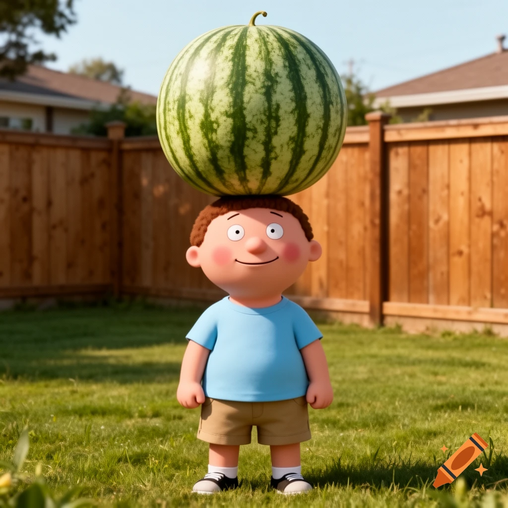 A 3D animated boy with brown hair stands in a grassy backyard, balancing a large watermelon on his head.