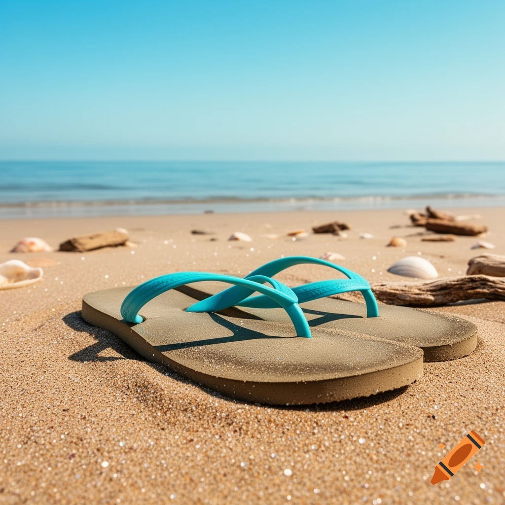 A pair of teal flip-flops lies on sparkling sand at a sunny beach with the ocean in the background.