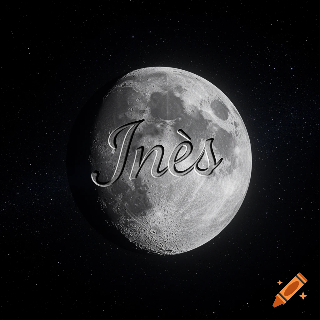 The name 'Inès' is subtly engraved on a detailed, photorealistic moon set against a dark, starry sky.