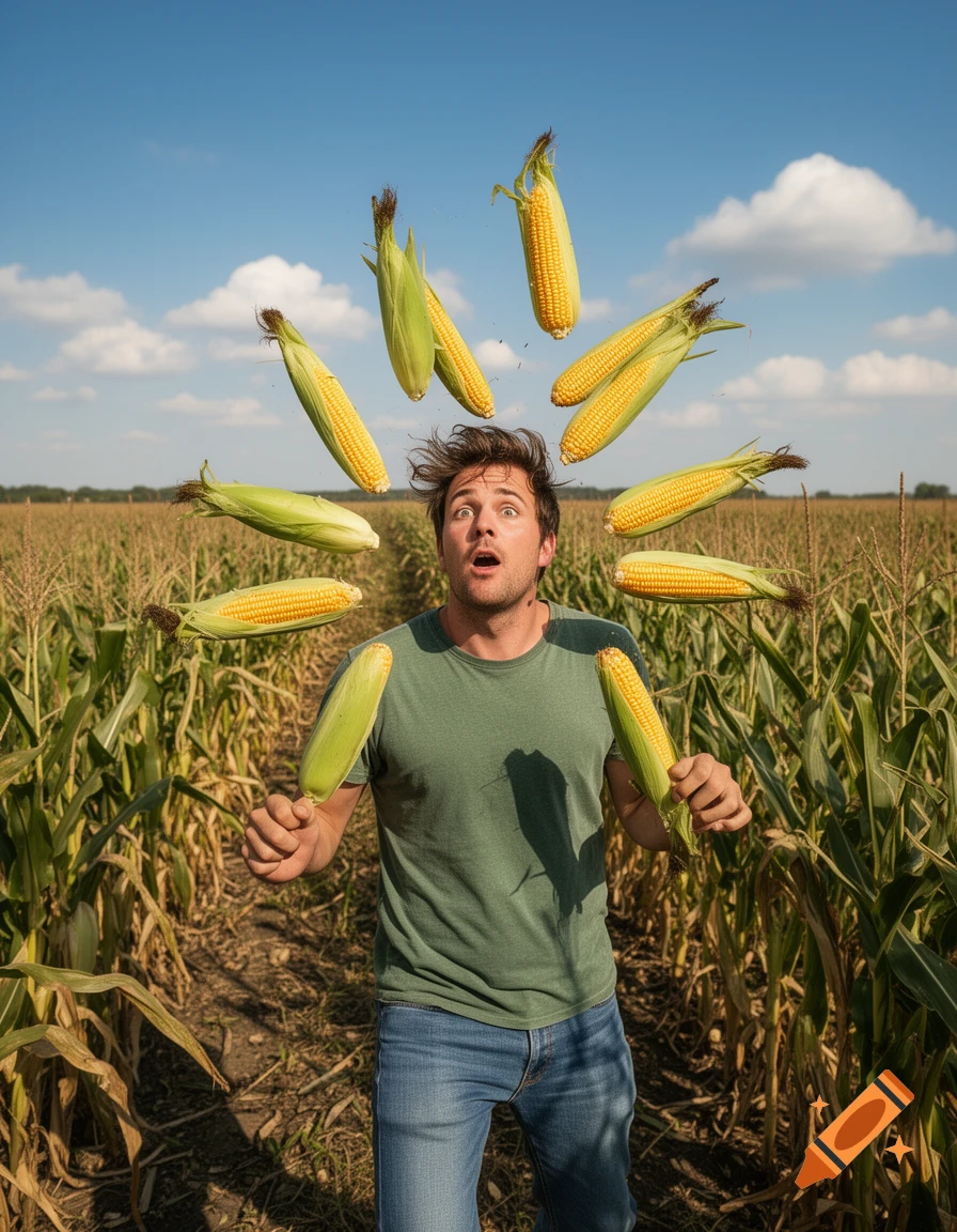 Surprised man in a cornfield with ears of corn flying around him, photorealistic.