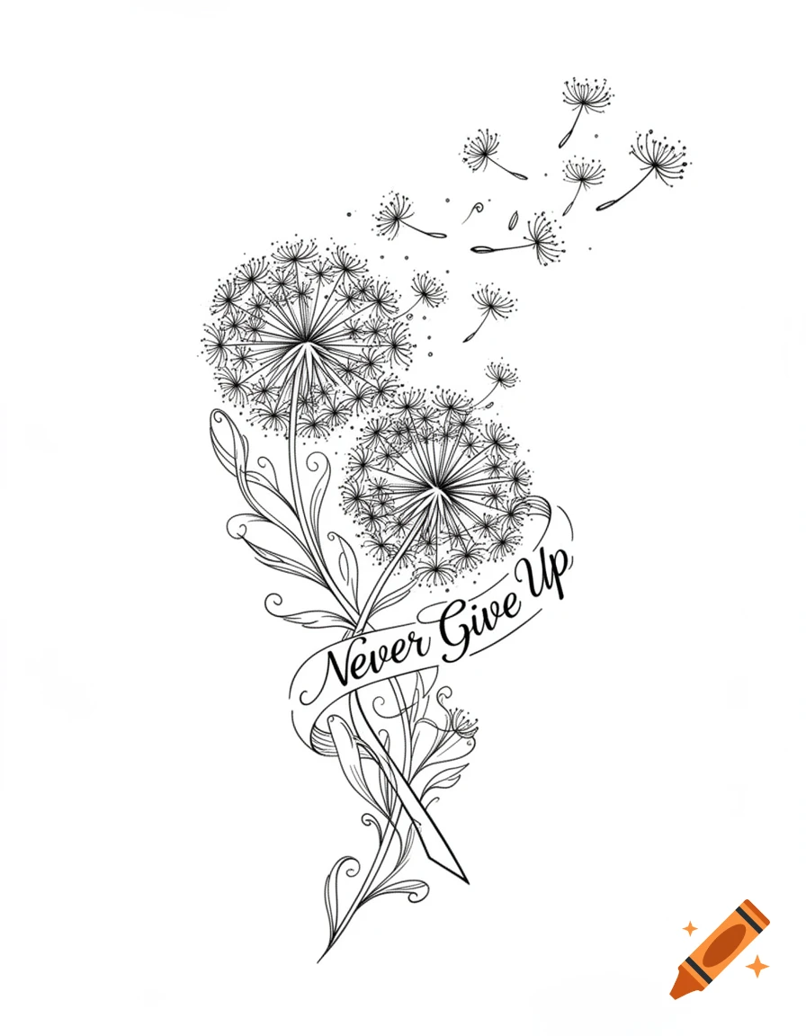 Black and white line art tattoo design featuring two dandelions with seeds blowing away, and a banner reading "Never Give Up".
