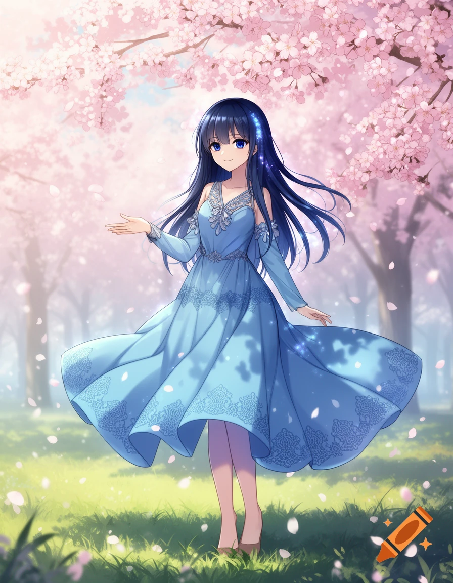 An anime girl with dark blue hair in a light blue dress stands smiling in a field under cherry blossom trees with falling petals.