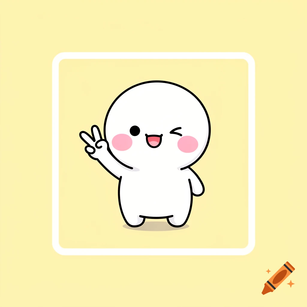 A cute white chubby stick figure character with pink blushing cheeks, winking and making a peace sign, on a pastel yellow background.