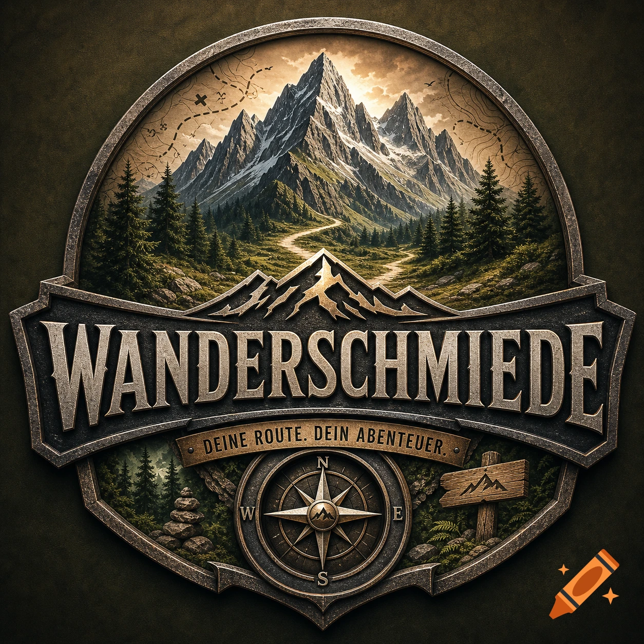 Vintage style hiking logo with mountains, pine trees, winding path, compass, and text 'WANDERSCHMIEDE' and 'DEINE ROUTE. DEIN ABENTEUER.'