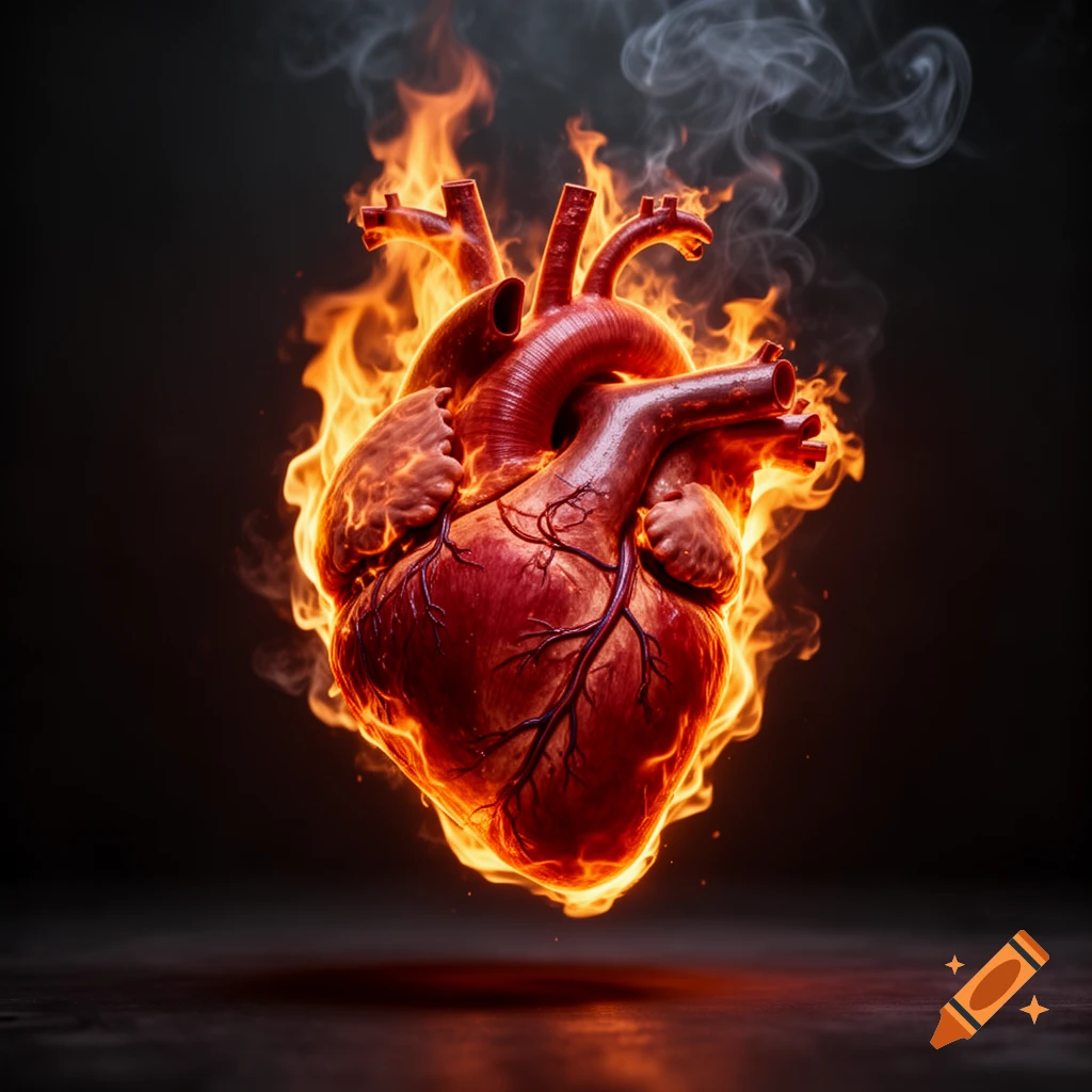 A photorealistic anatomical human heart engulfed in bright orange flames and smoke, set against a dark background.
