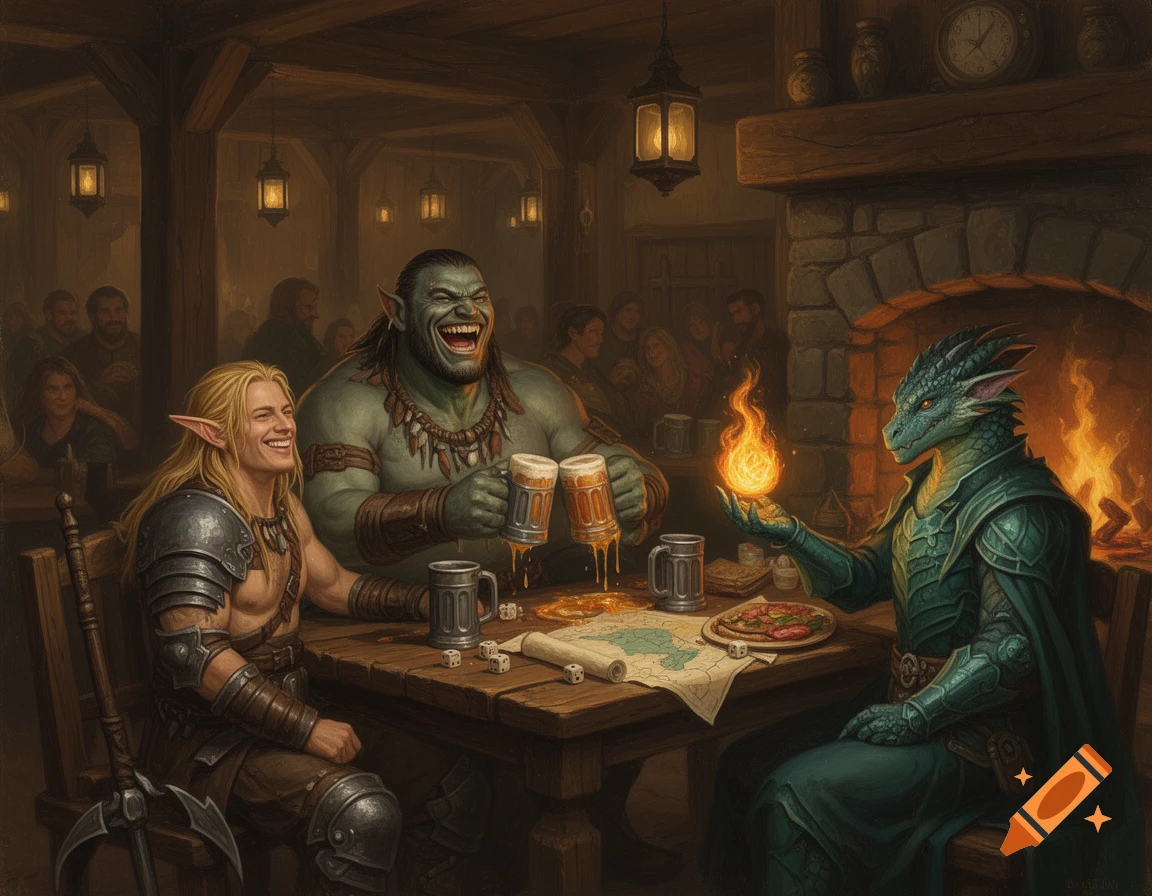 An elf, half-orc, and dragonborn laugh and drink in a warm, candlelit fantasy tavern, in a richly detailed painting style.