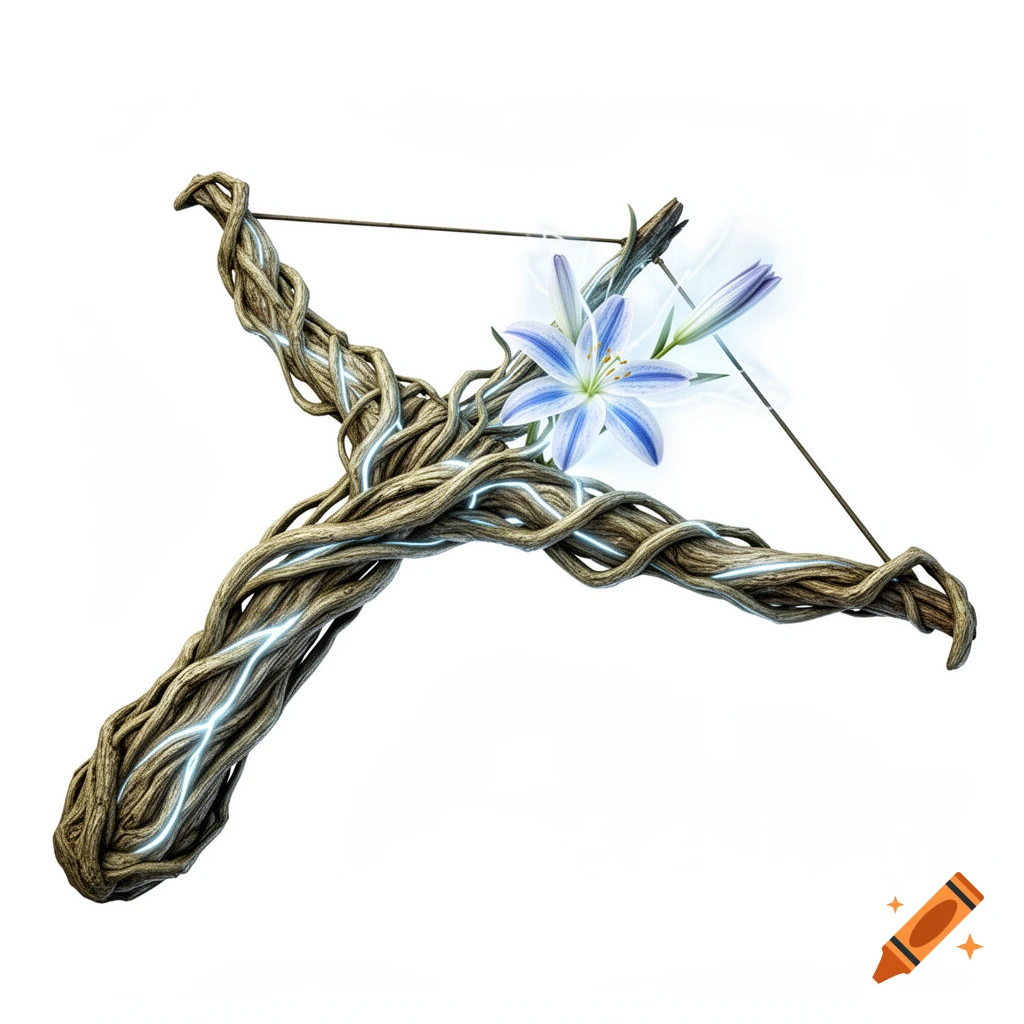 A magical hand crossbow crafted from intertwined tree roots, featuring a blue and white stargazer lily and glowing pale blue energy lines, against a white background.