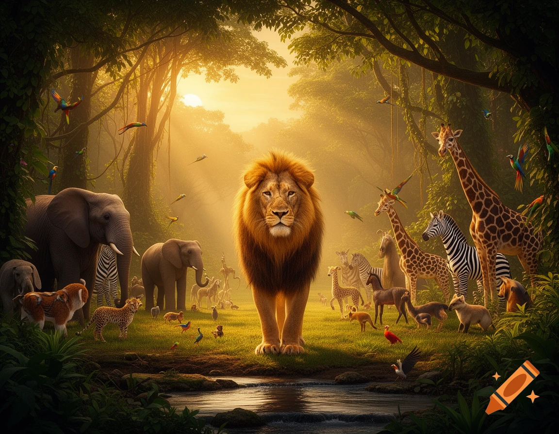 A majestic lion stands at the forefront of a diverse gathering of wild animals, including elephants, giraffes, and zebras, in a lush, sunlit jungle by a stream.
