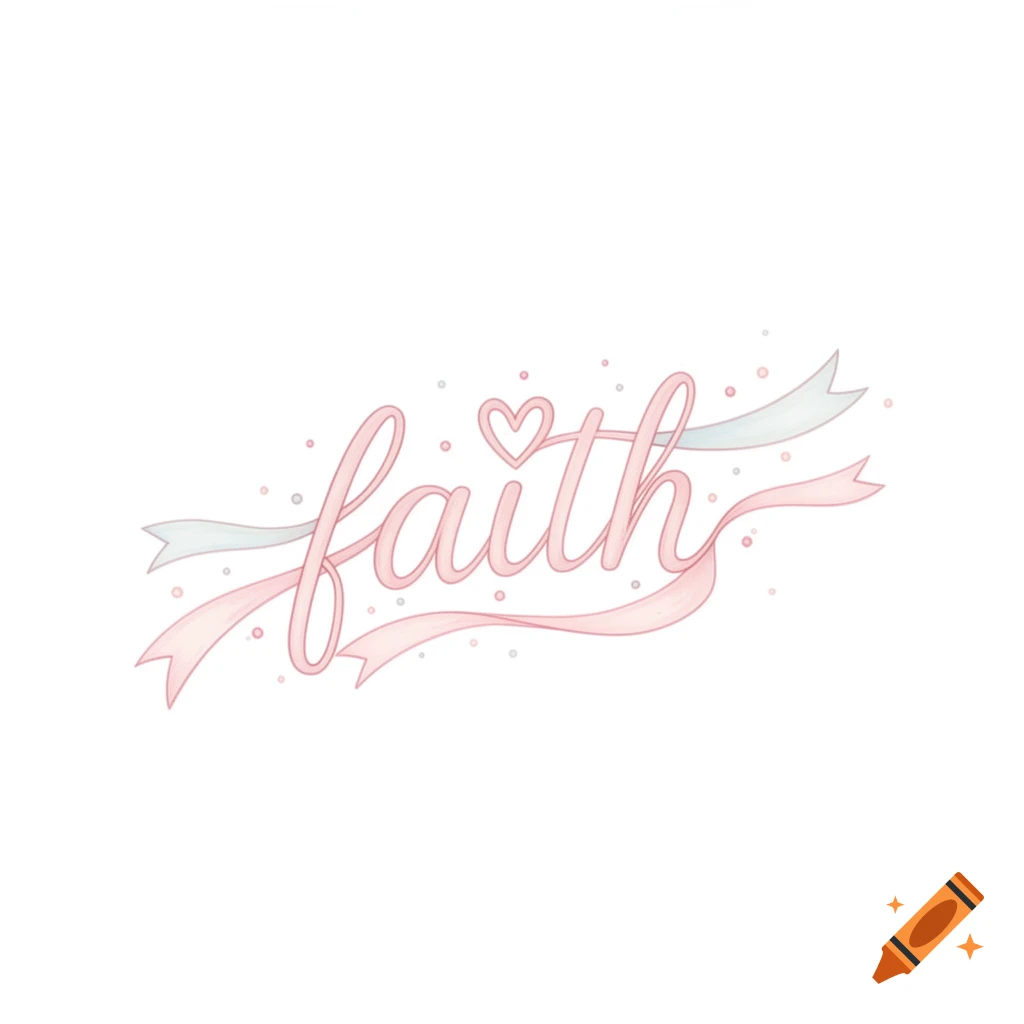 The word "faith" in pastel pink cursive with a heart over the 'i', surrounded by delicate ribbons and scattered dots on a white background.