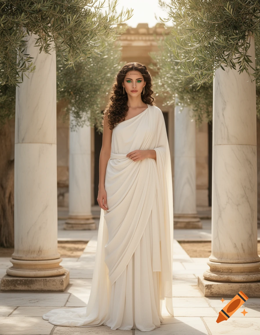 A woman with dark curly hair and green eyes, wearing a white toga, stands between marble columns and olive trees in a sunlit ancient Greek setting.