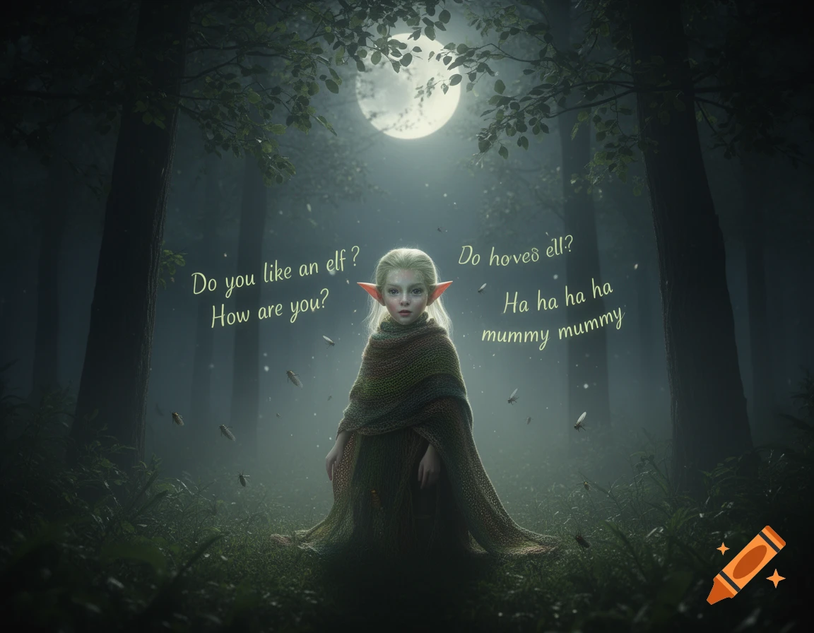 A young elf child with large ears, wrapped in a blanket, stands in a mystical, moonlit forest with glowing insects.