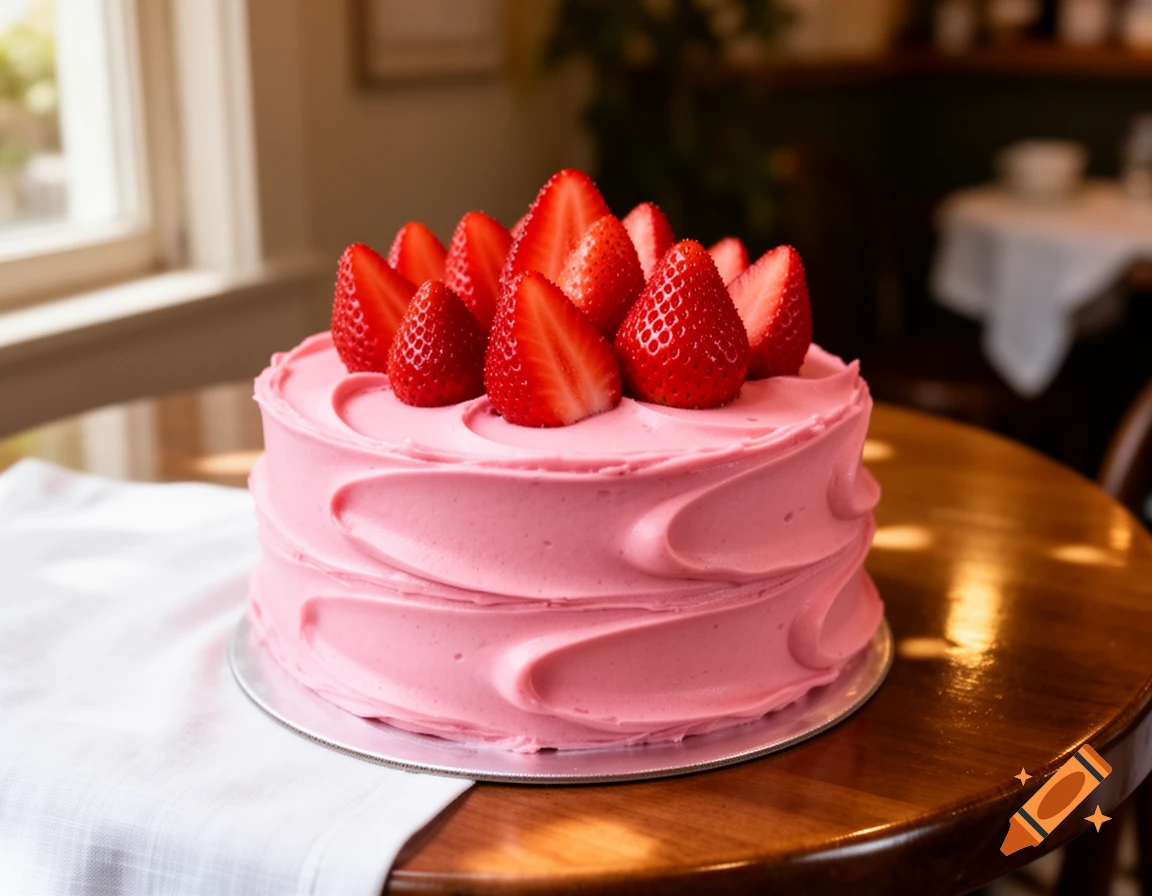 A photorealistic pink frosted cake topped with fresh, halved strawberries sits on a wooden table next to a window.
