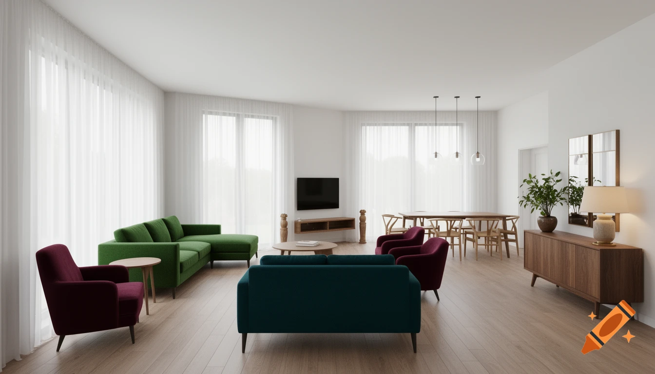 A modern living and dining room with green and teal sofas, burgundy accent chairs, a wooden dining table, and large windows.