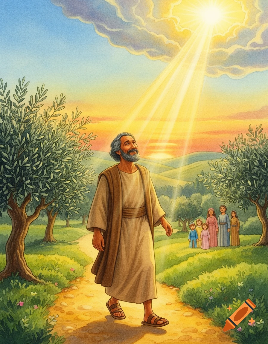 A man in a robe walks on a path under golden divine light from the sky, with olive trees and family in a vibrant, watercolor landscape.
