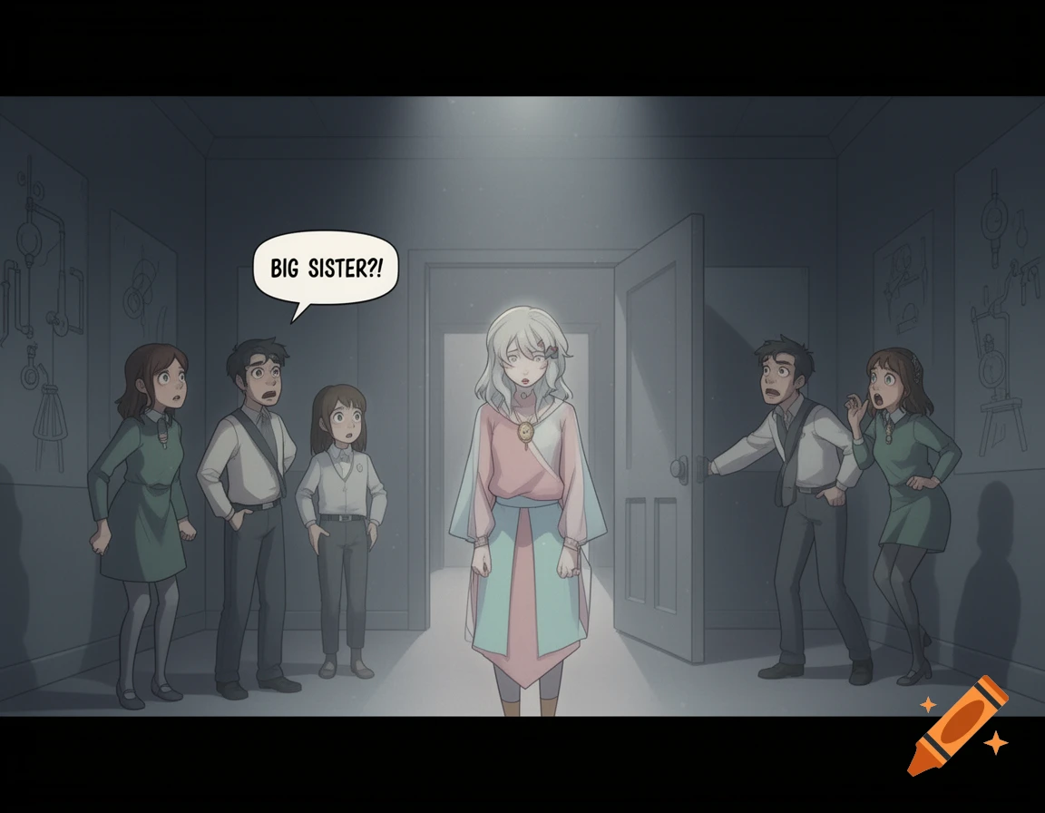 Five anime characters react in surprise to a girl in a spotlight in a dim room. A speech bubble reads 'BIG SISTER?!'.