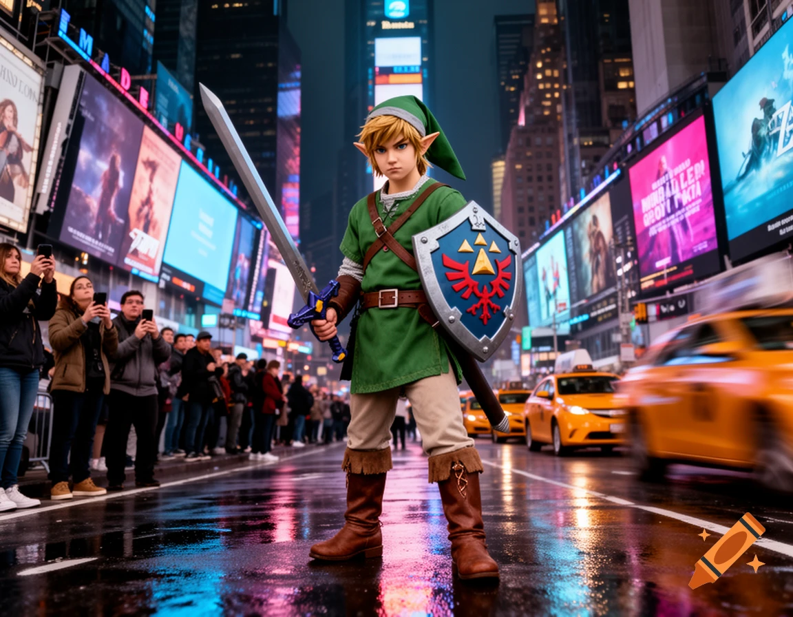 Link from The Legend of Zelda stands in the rain-slicked Times Square at night, holding a sword and shield, surrounded by glowing billboards and yellow cabs.