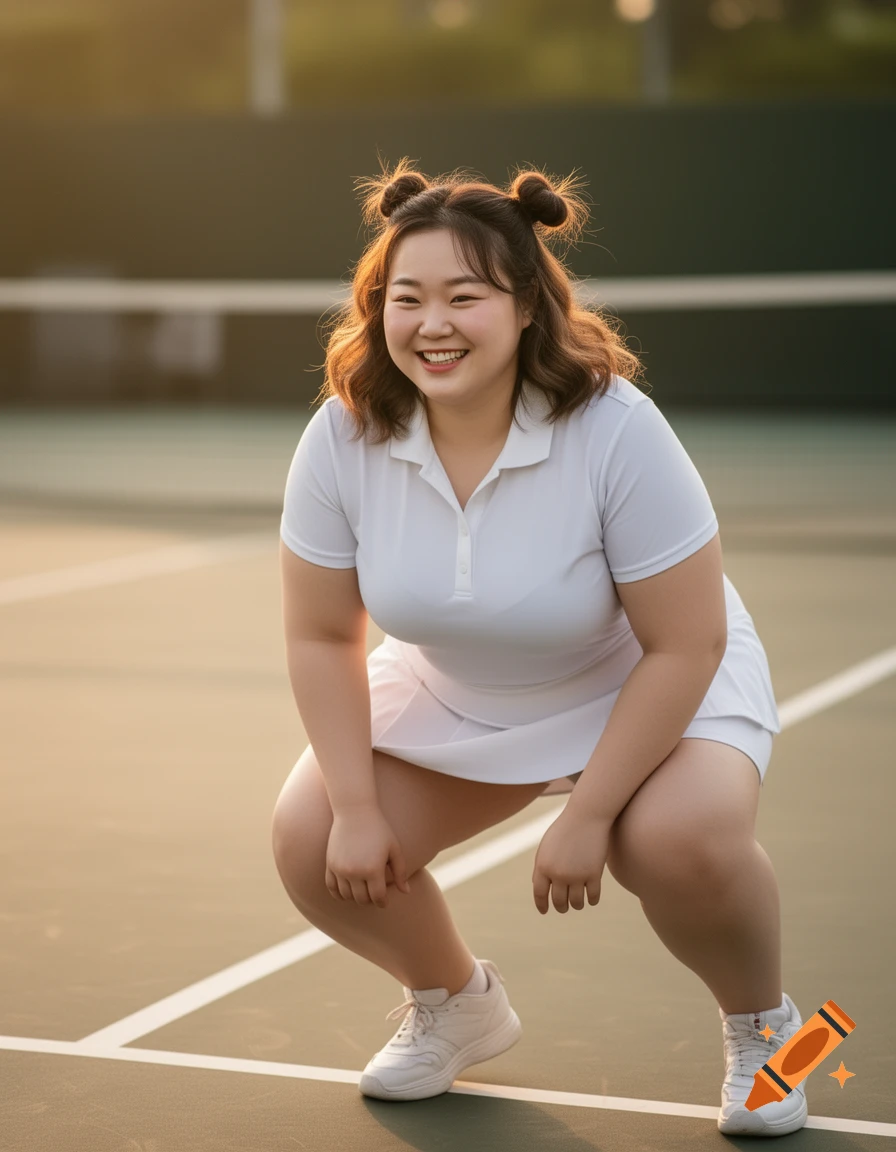 Photorealistic image of a smiling, full-figured Korean woman with space buns, crouching on a sunny tennis court.