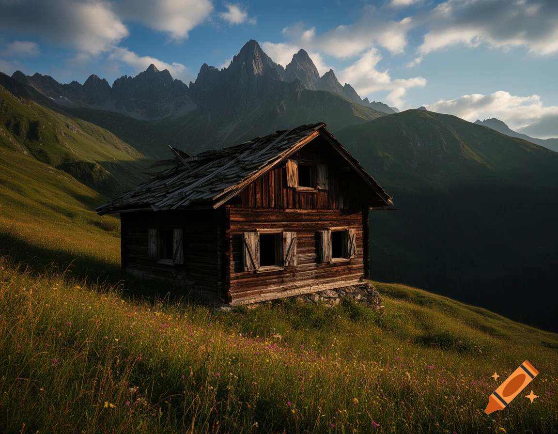 A photorealistic image of an isolated wooden cabin on a grassy mountain slope, with rugged peaks under a partly cloudy sky.