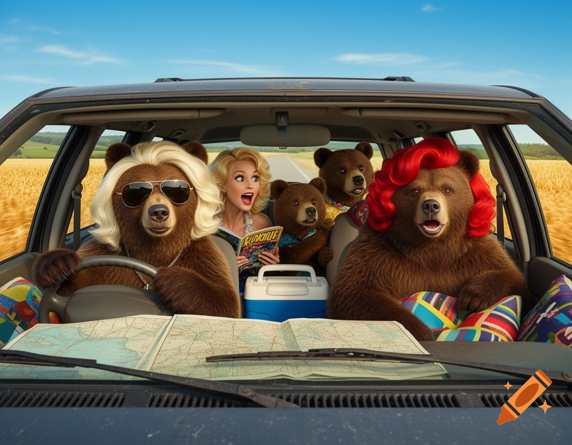 An anthropomorphic bear family and a human woman drive a car on a road trip through fields. A blonde bear drives, a red-haired bear sits next to a human woman holding a magazine, and two bear cubs are in the back. A map is on the dashboard.