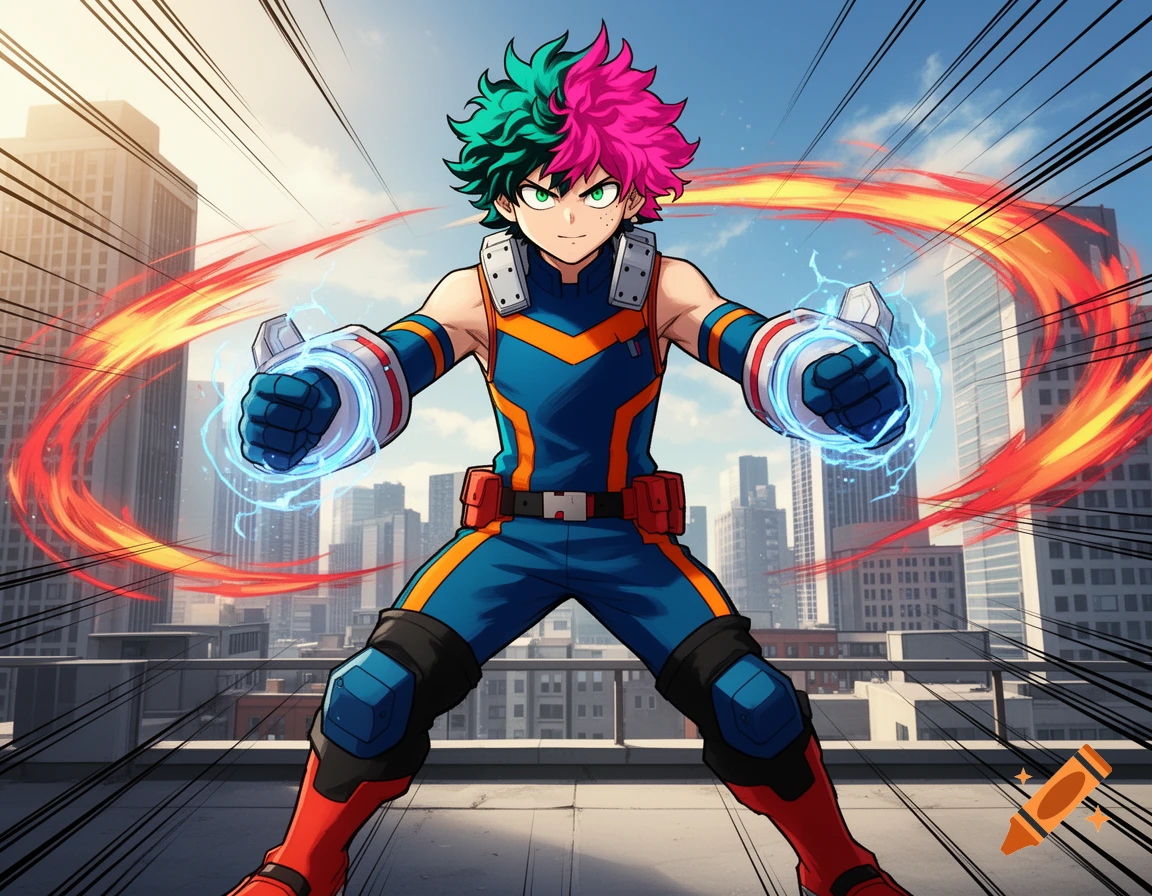 Anime male character with split green and pink hair, wearing a blue and orange suit, generating blue energy from his fists with red energy rings behind him on a city rooftop.
