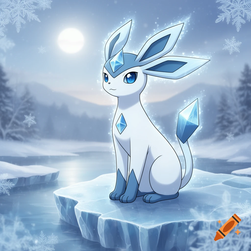 A cute Glaceon with blue eyes and ice crystal features sits on an ice floe in a snowy landscape under a full moon.
