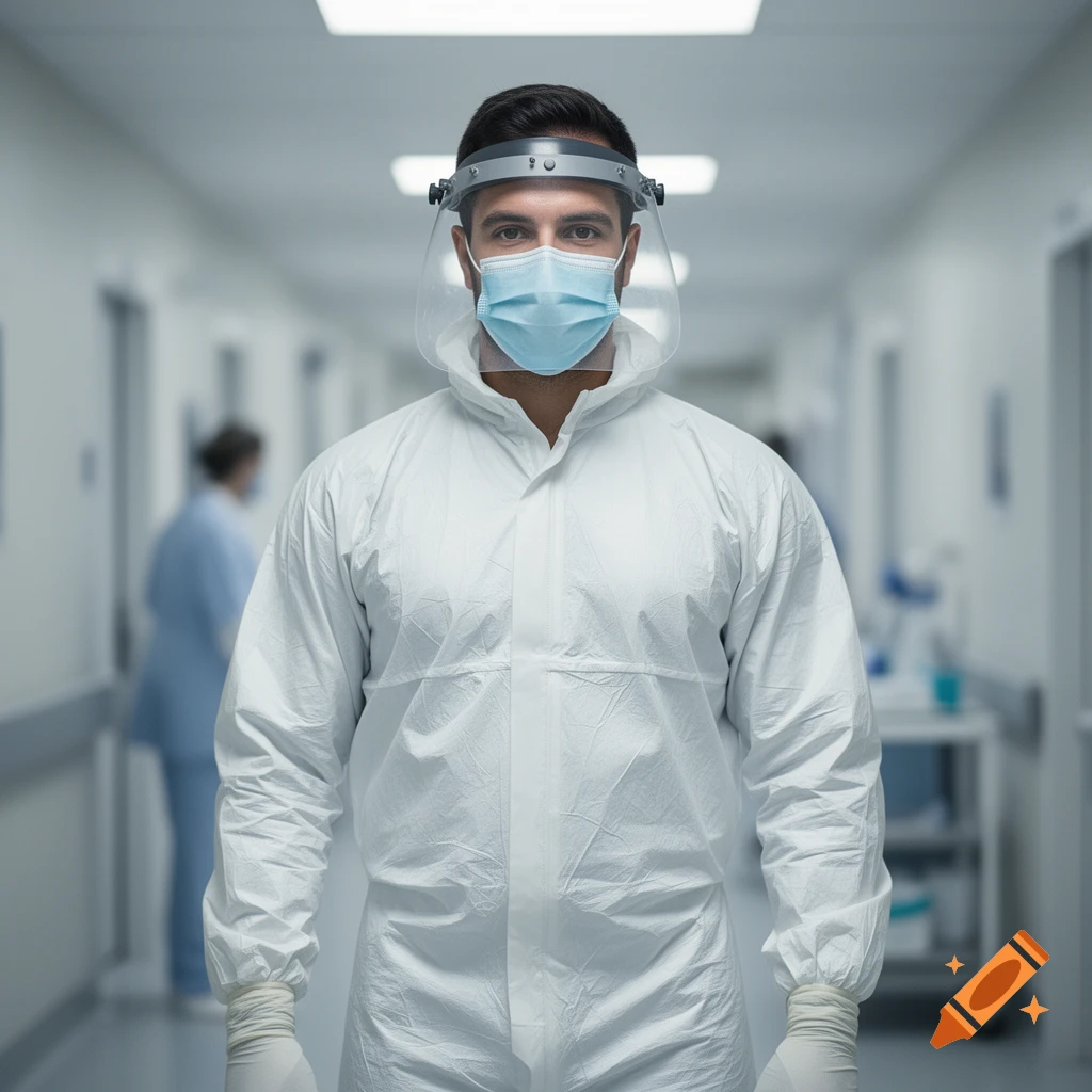 A man in a white PPE suit, blue surgical mask, and clear face shield stands in a hospital hallway. Photorealistic.