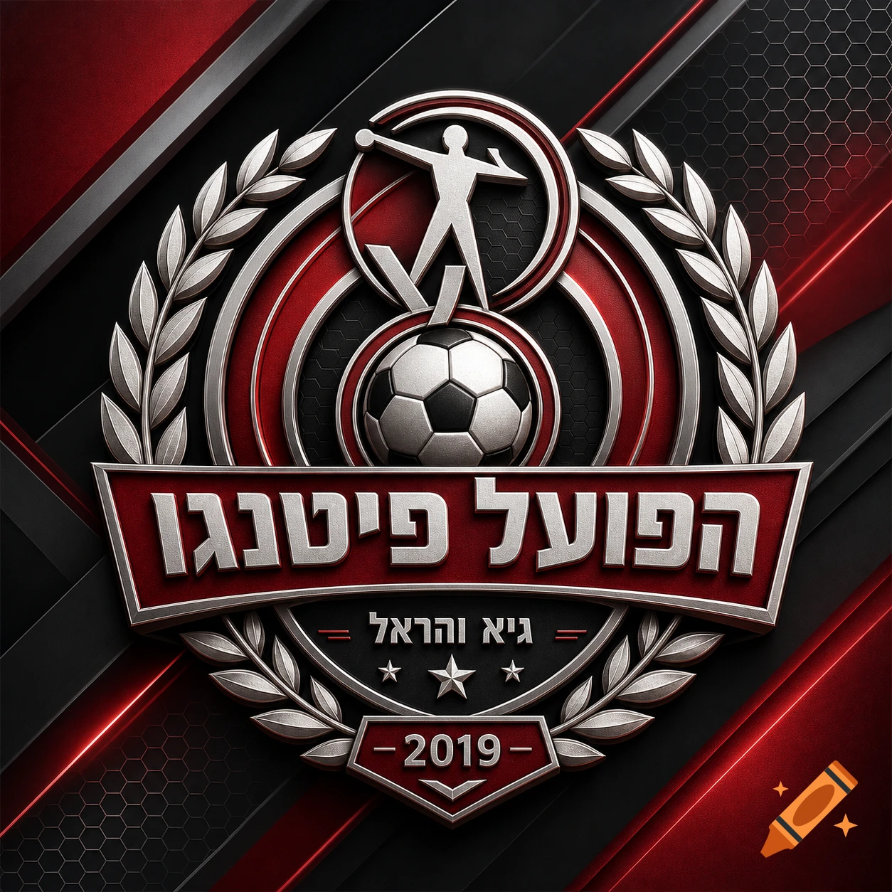 Metallic soccer team logo featuring a player, a football, laurels, and Hebrew text 'הפועל פיטנגו', 'גיא והראל', '2019' on a red and black background.