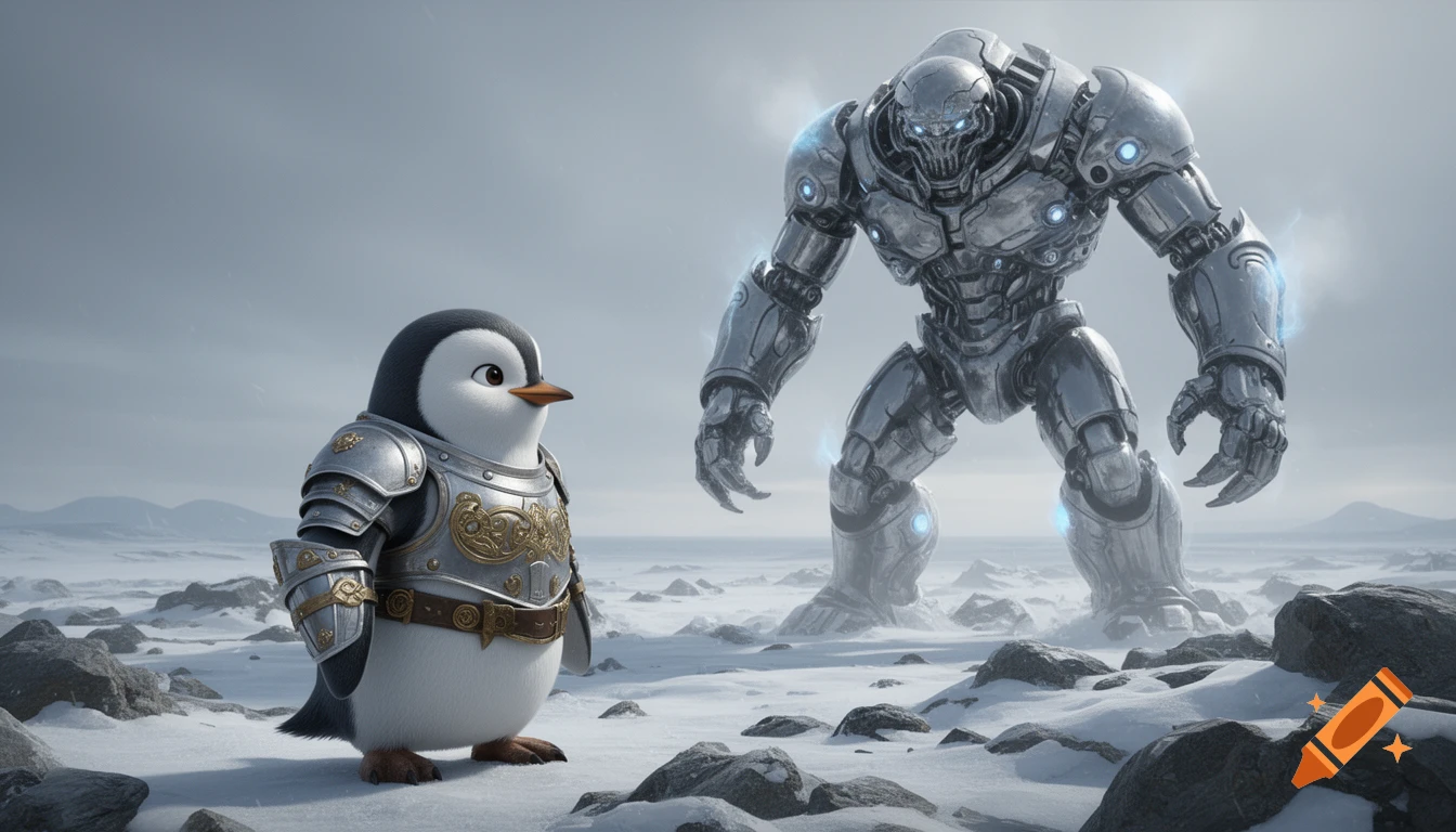 A cute penguin in silver armor stands in a snowy landscape, facing a massive metallic robot monster.