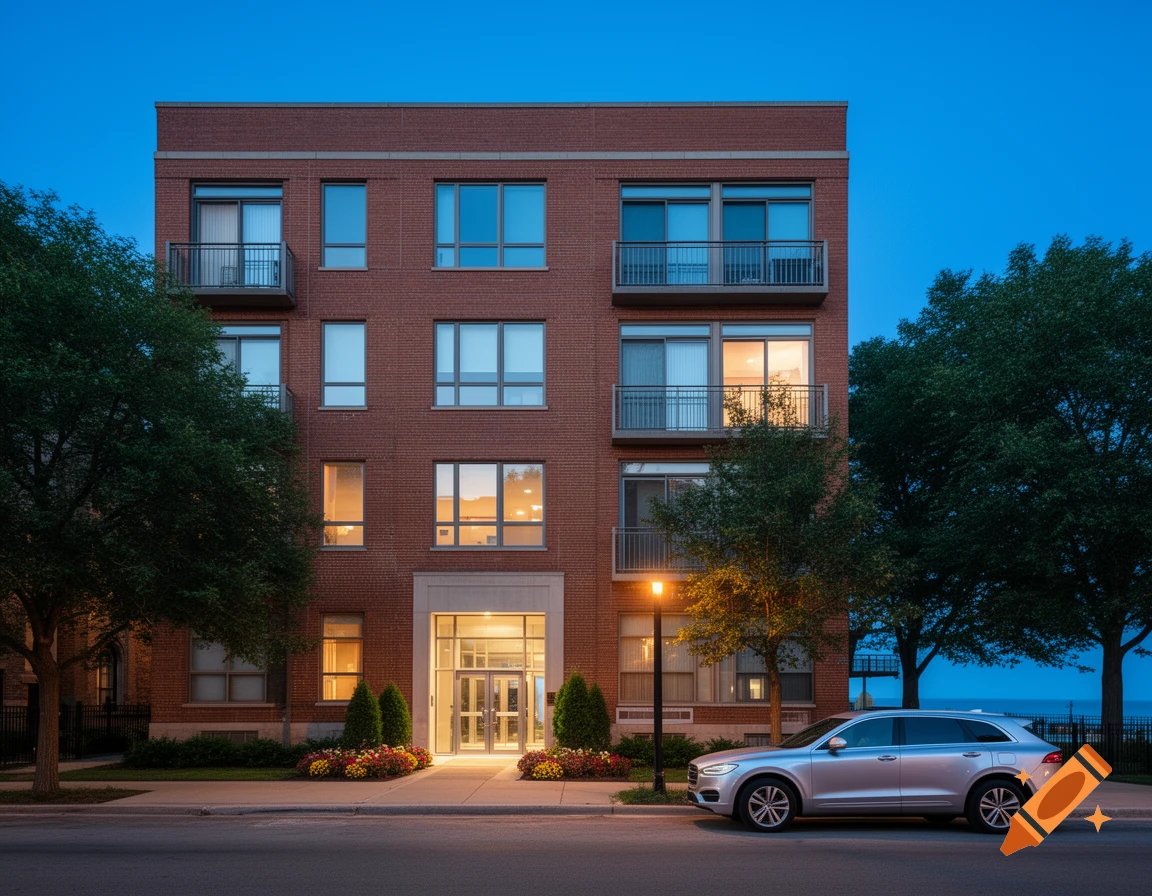 Photorealistic image of a red brick apartment building with glowing windows at dusk, a silver SUV parked on a tree-lined street.