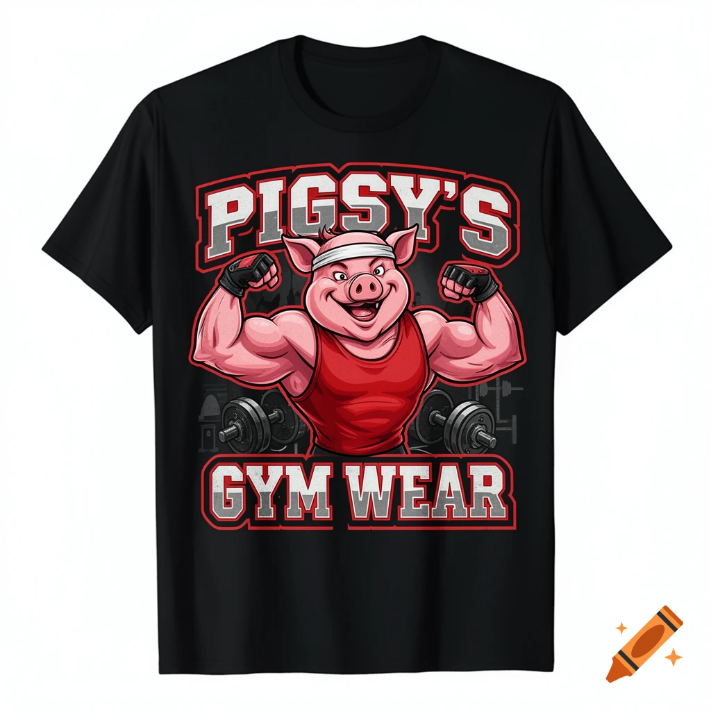 A black t-shirt features a flexing cartoon pig wearing a red tank top and headband, with text "PIGSY'S GYM WEAR".