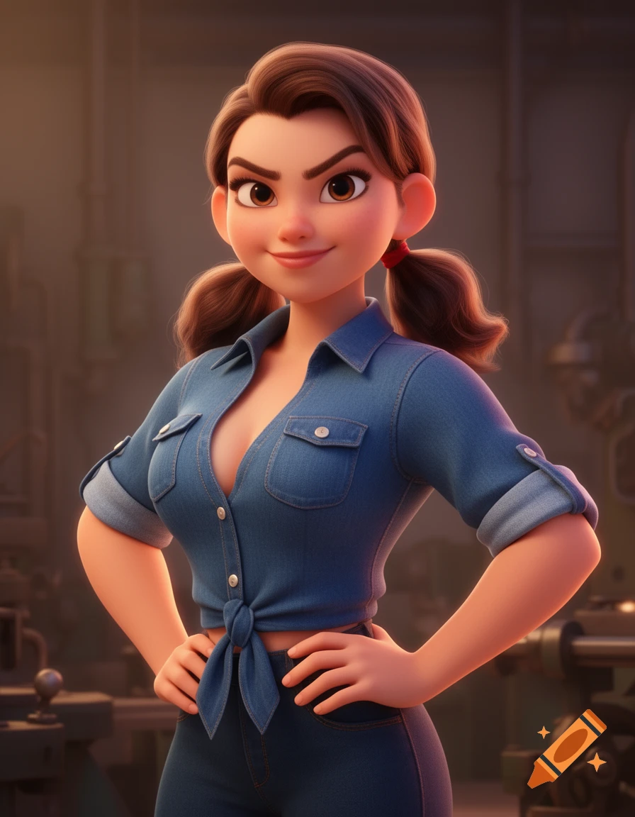 A confident Pixar-style woman with pigtails in a tied blue denim shirt and jeans, hands on hips, smiling in a workshop.