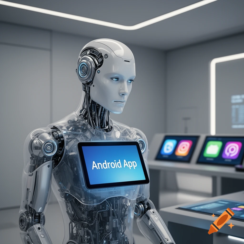 A photorealistic android with a transparent torso holds a tablet displaying "Android App" on its chest in a futuristic lab.