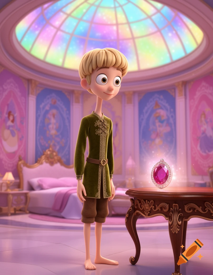 A lanky young man in an olive-green velvet tunic and short brown trousers stands barefoot in a colorful princess palace bedroom, next to a glowing ruby amulet on a table. 3D animation style.
