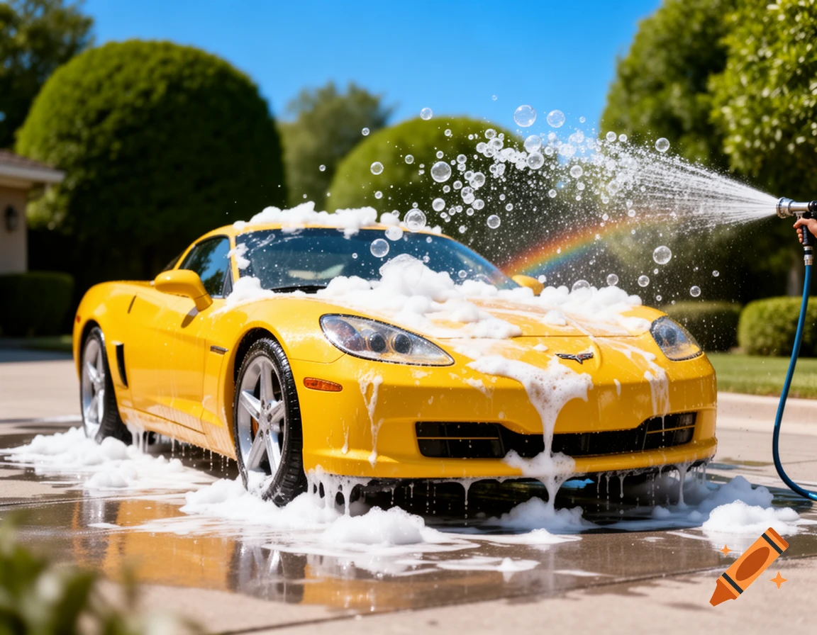 A bright yellow sports car covered in white soap suds and bubbles is being rinsed with water, creating a small rainbow, on a sunny day.