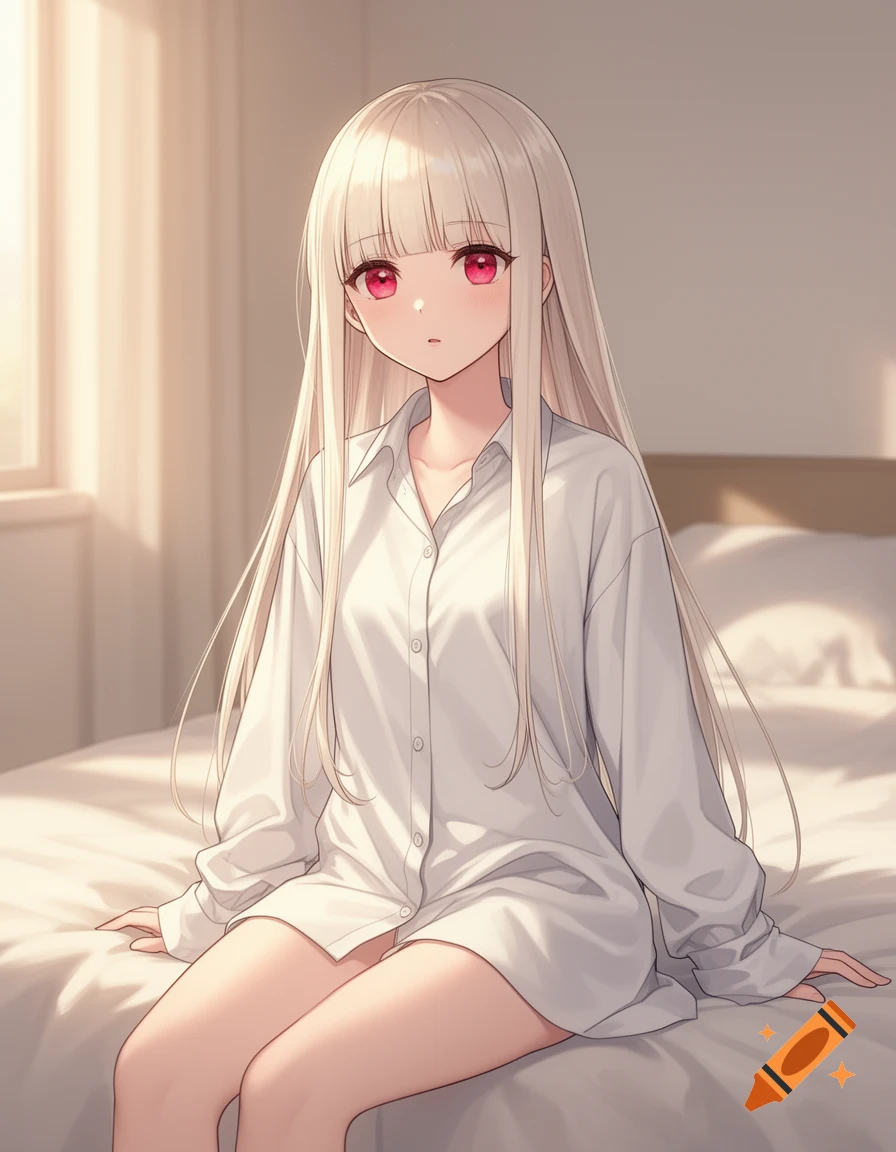 Anime girl with long blonde hair and red eyes, wearing an oversized white shirt, sitting on a bed in a sunlit room.