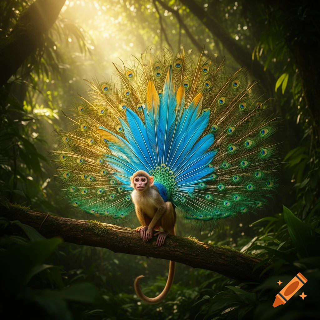 A photorealistic monkey with vibrant blue, green, and gold peacock feathers sits on a tree branch in a sun-drenched jungle.