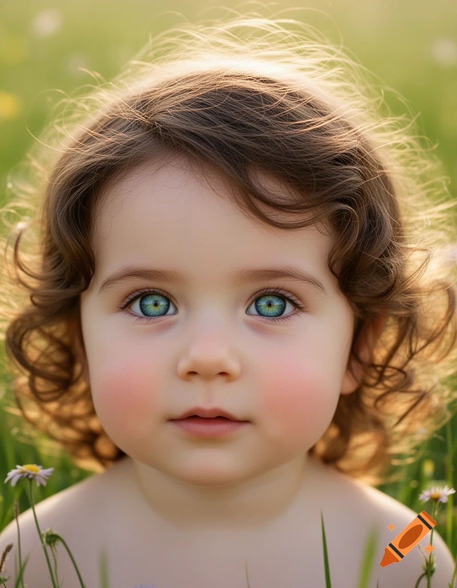 Close-up portrait of a toddler girl with wavy brown hair and striking blue-green eyes, in a sunny grassy field.