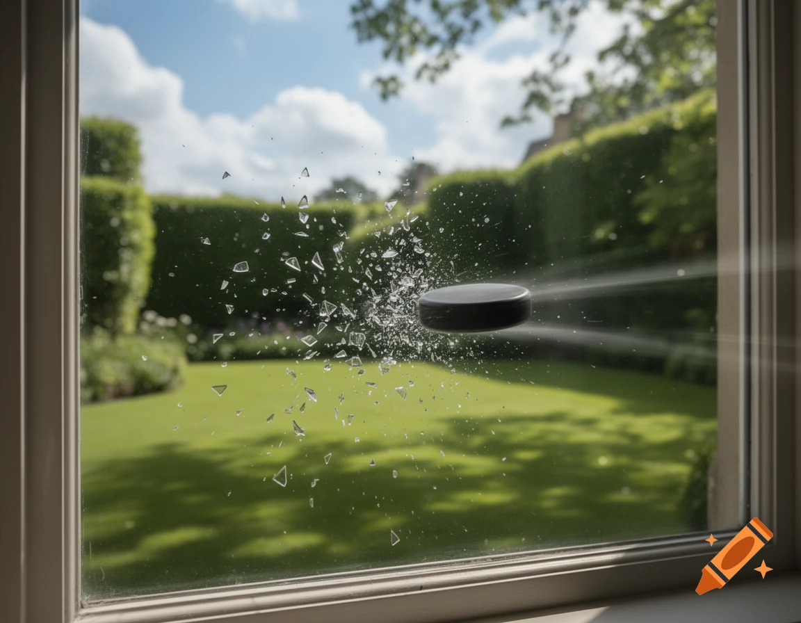 A hockey puck in mid-air breaking a window, viewed from inside with a sunny garden in the background.