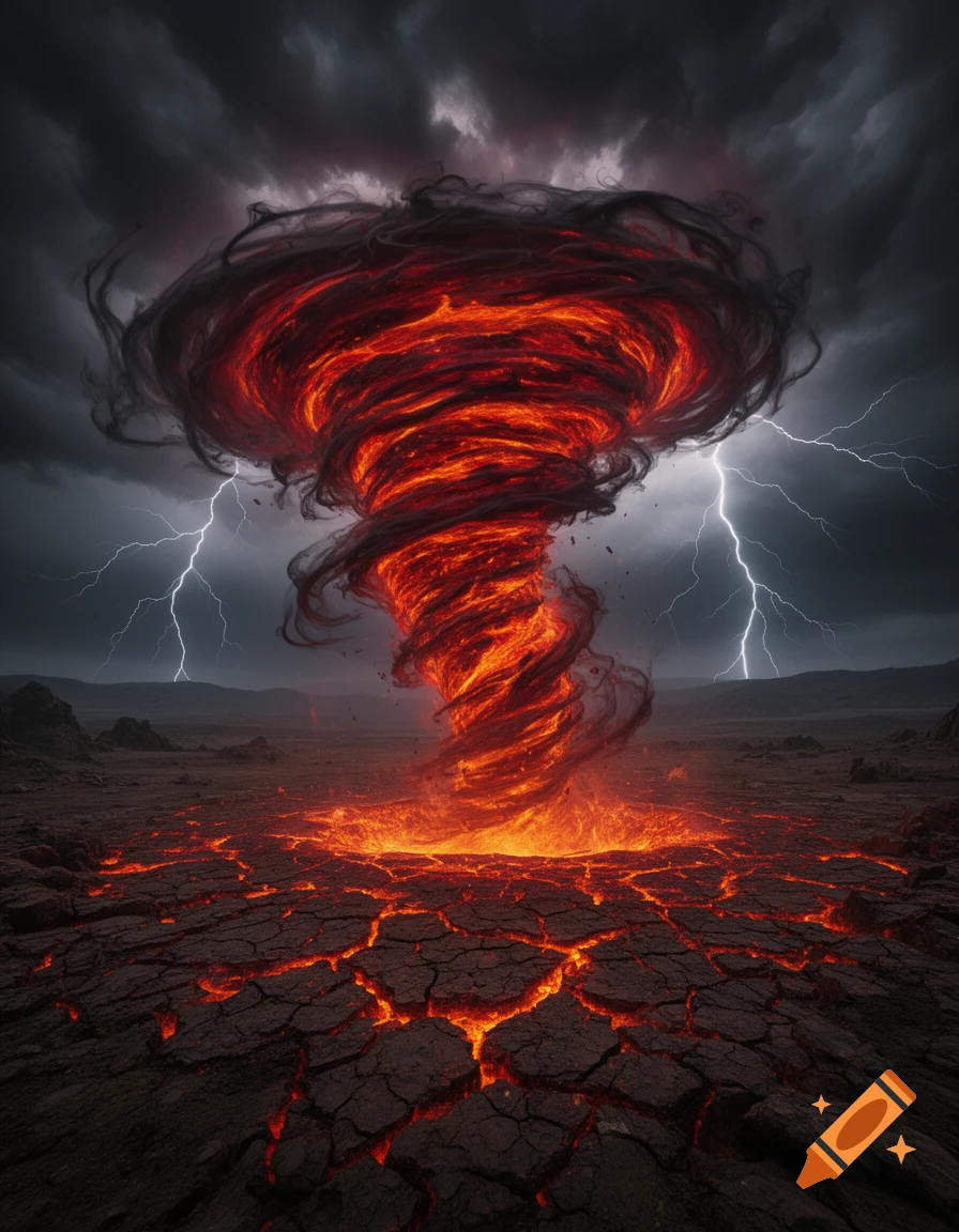 A fiery, smoky tornado twists above cracked, glowing lava ground under a stormy, lightning-filled sky.