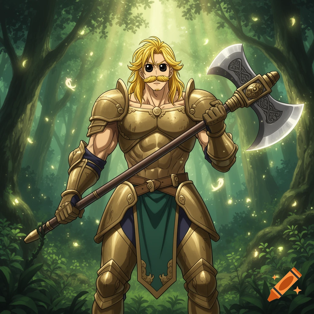 Anime fanart of a muscular man in golden armor with a mustache and large, black, innocent eyes, holding a double-bladed axe in a sun-dappled forest.