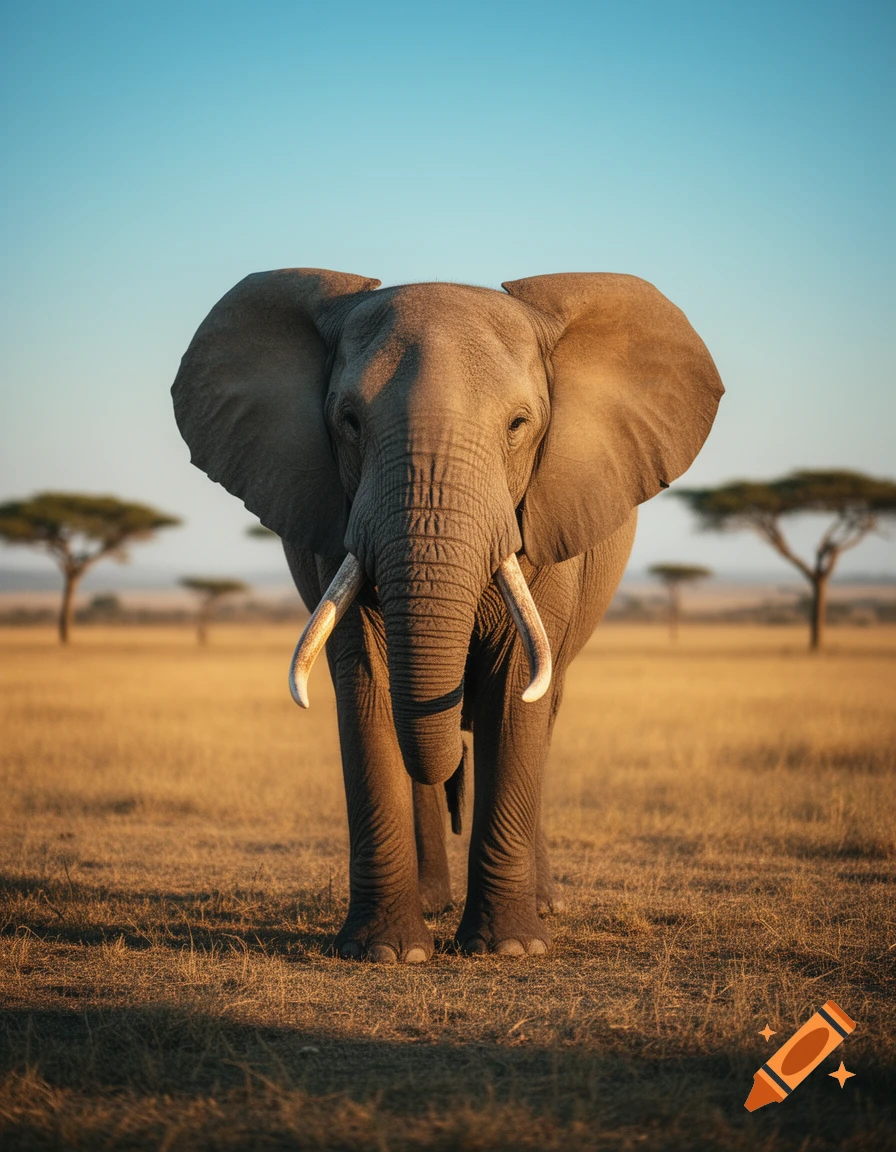 A majestic elephant with large tusks stands front-facing in a golden savanna at sunset, under a clear blue sky.