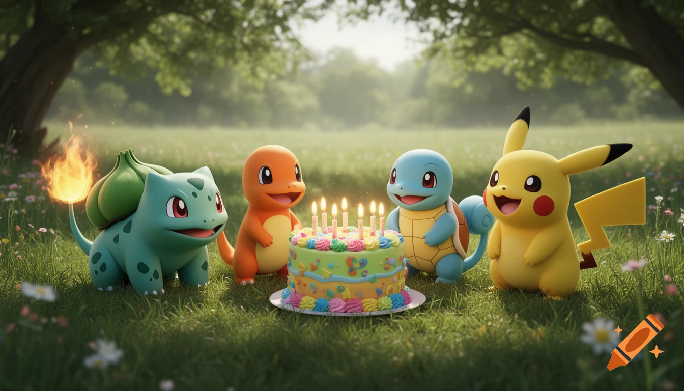 Bulbasaur, Charmander, Squirtle, and Pikachu gathered around a colorful birthday cake with lit candles in a green field.