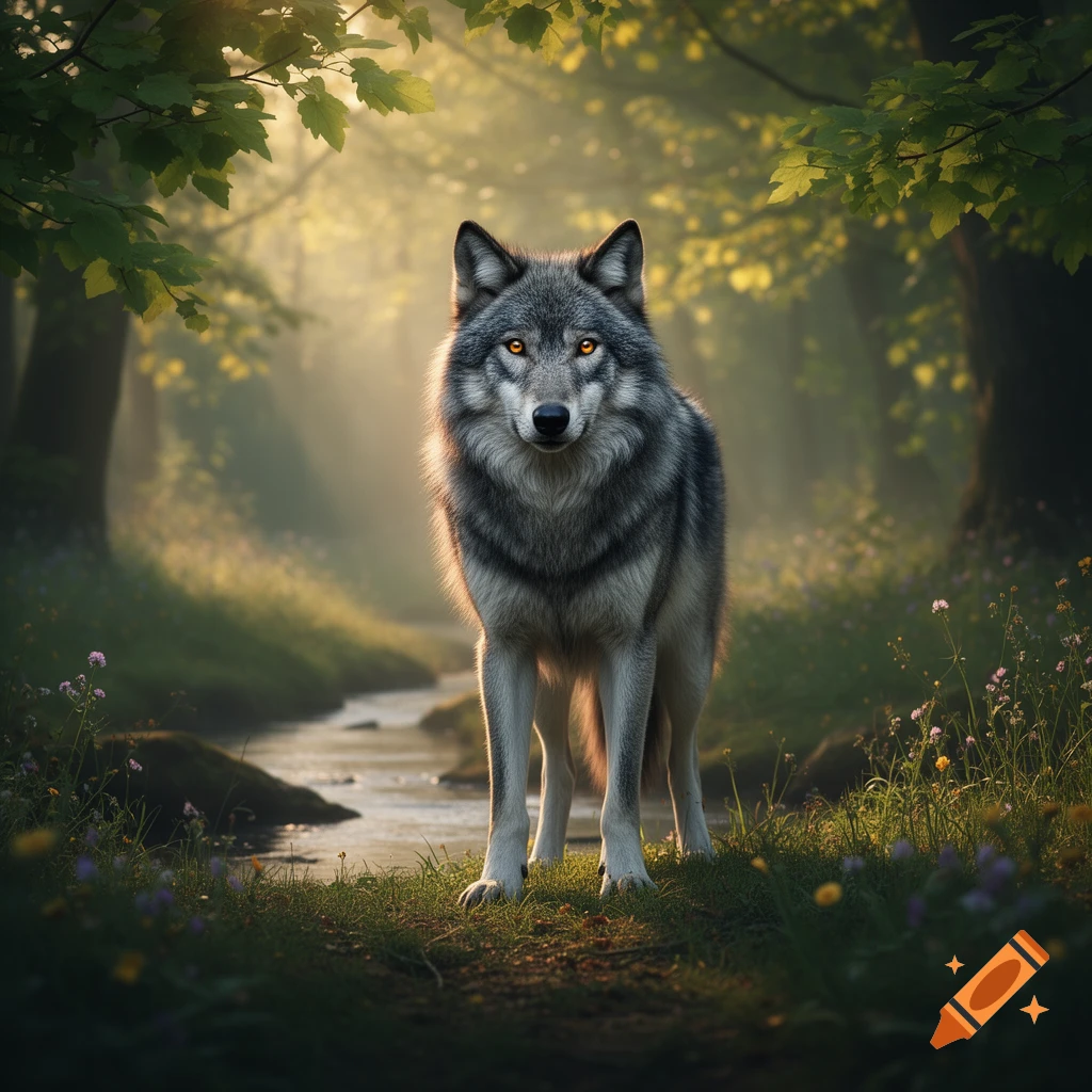 A majestic gray wolf stands facing forward in a sun-dappled, misty forest with a stream, photorealistic.