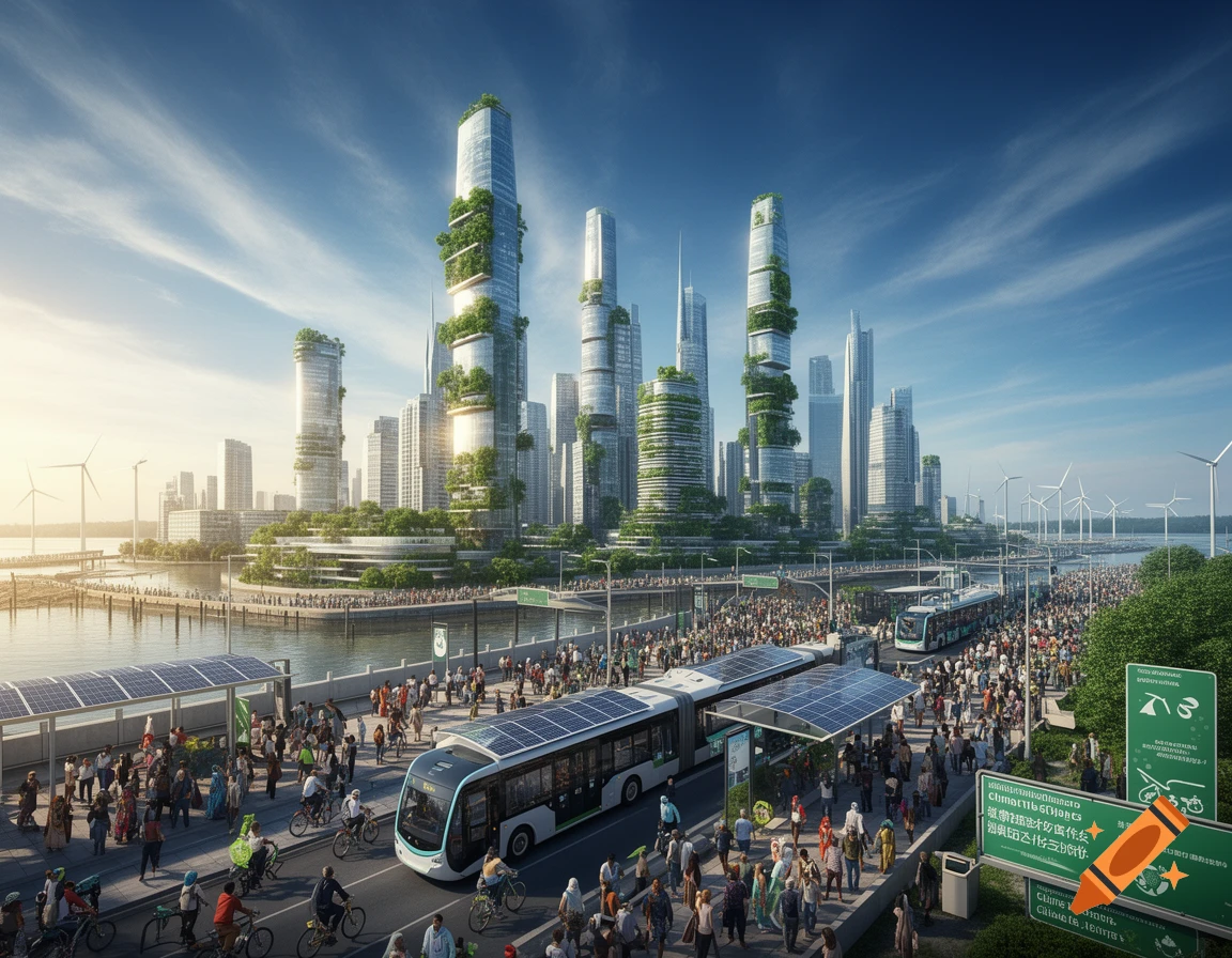 A bustling futuristic city with green skyscrapers, solar-paneled buses, wind turbines, and crowds of people on a sunny day.